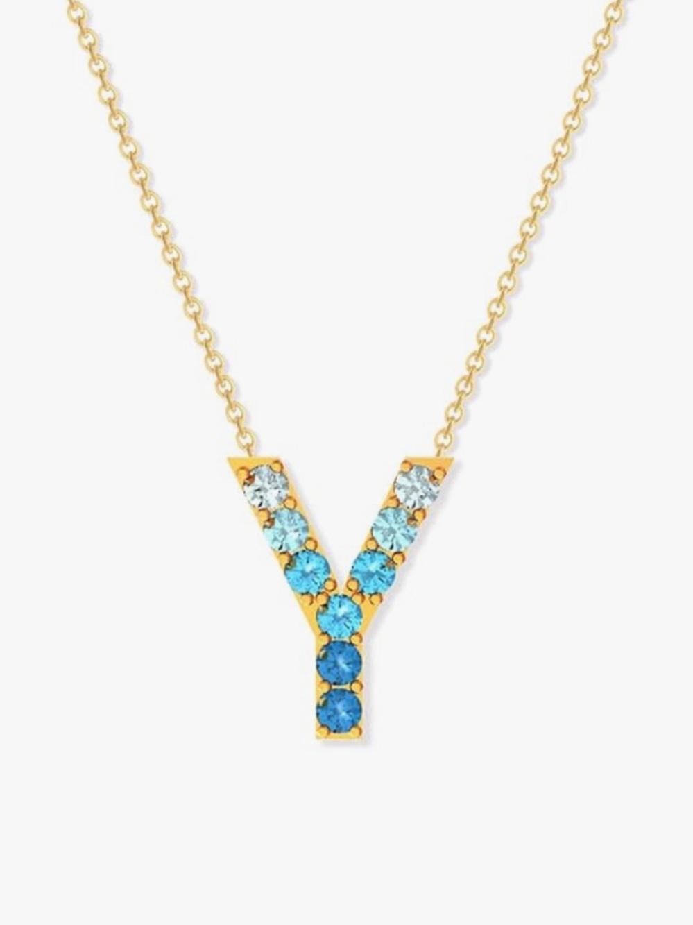 Gold Letter Y Necklace with Blue Crystal Accents